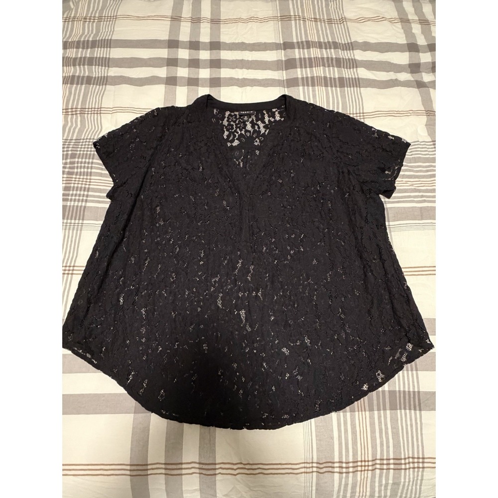 TORRID Black Lace Top~ Sz L~ Short Slv Placket V Neck Goth Vamp Dark Fairy - Picture 7 of 13